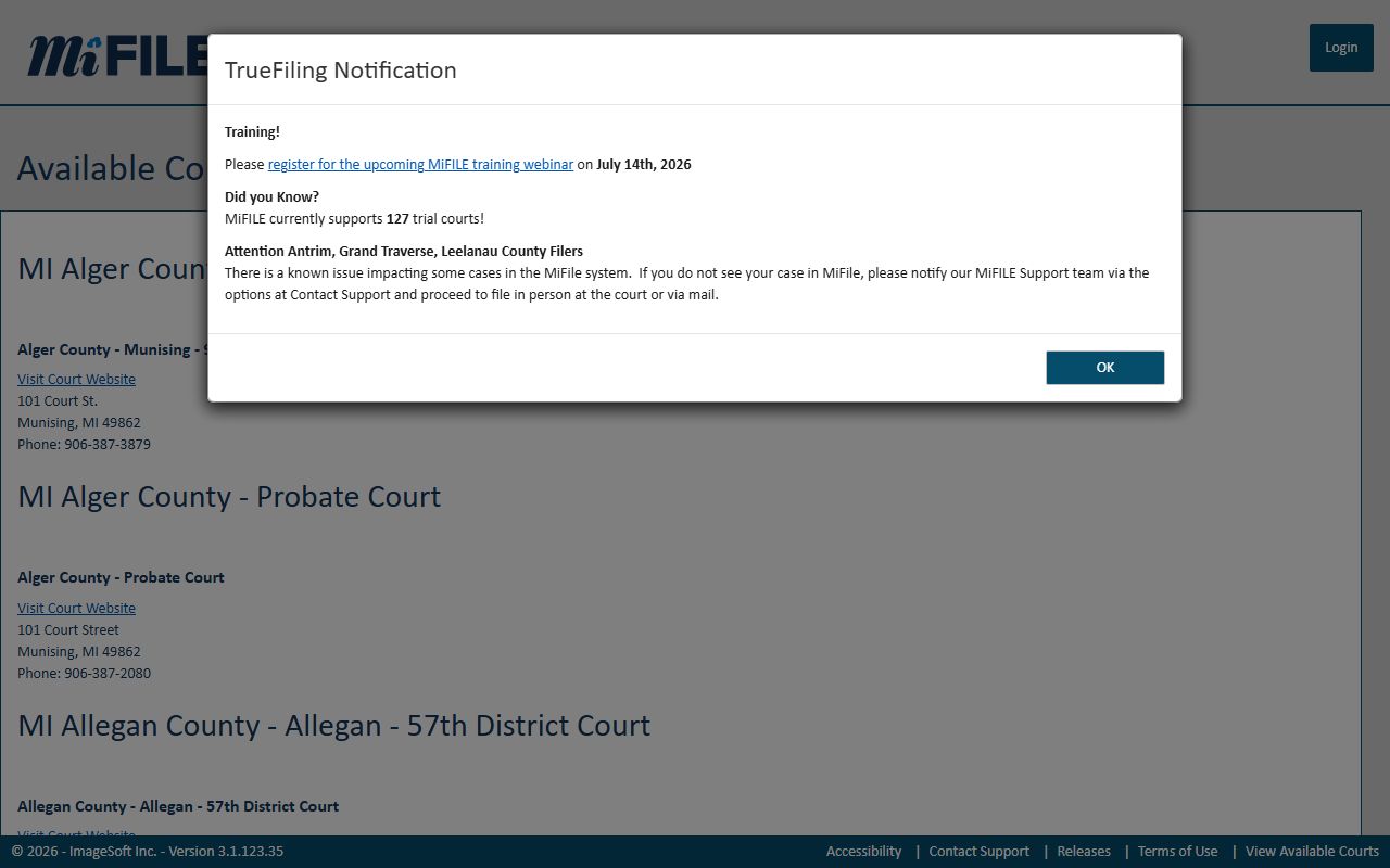 Iron County court dockets MiFILE available courts list
