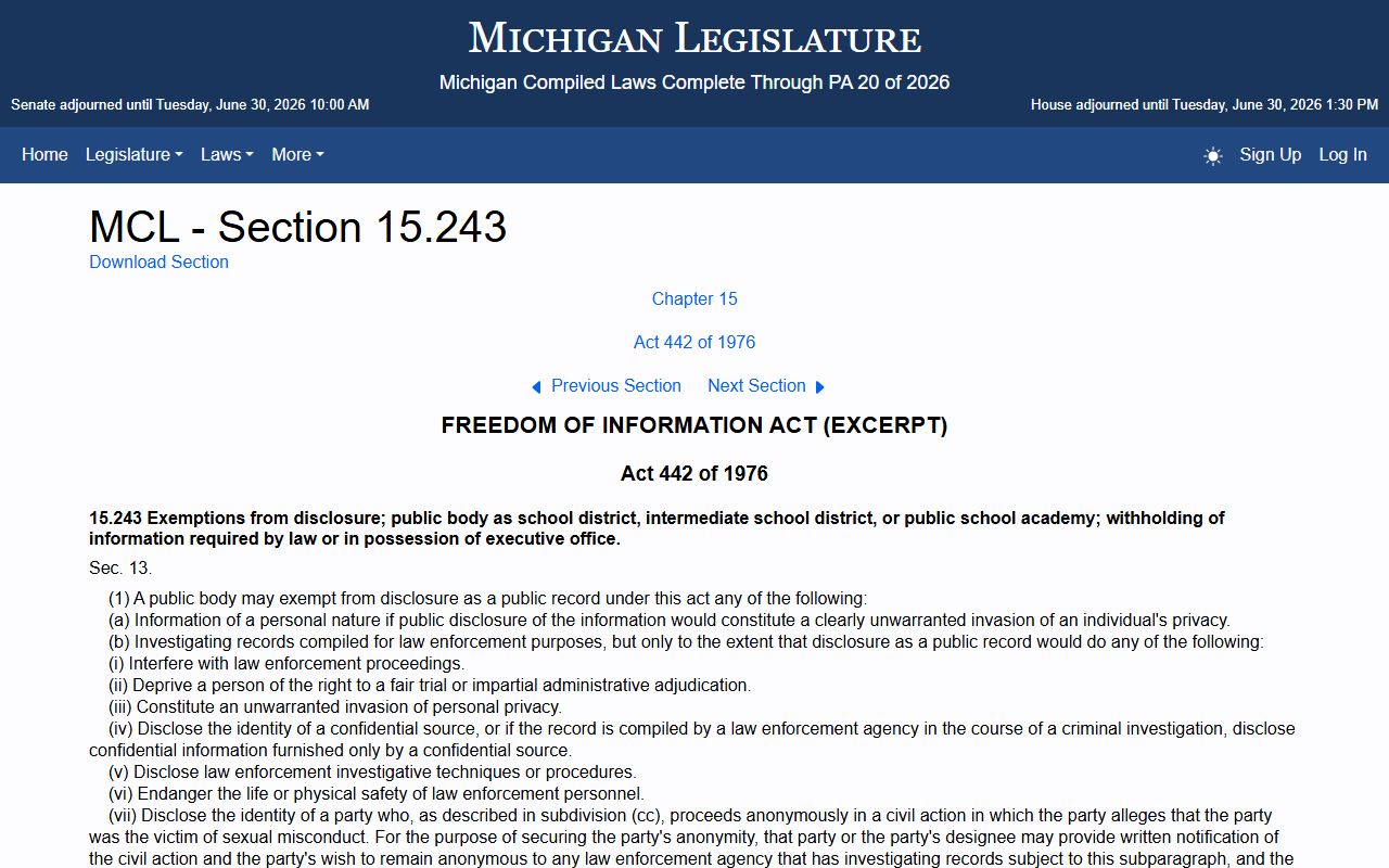 Iron County court records privacy exemptions under Michigan FOIA
