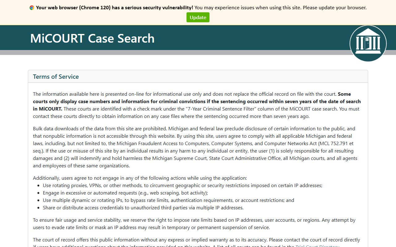 Iron County court records search on the MiCOURT public case-search portal