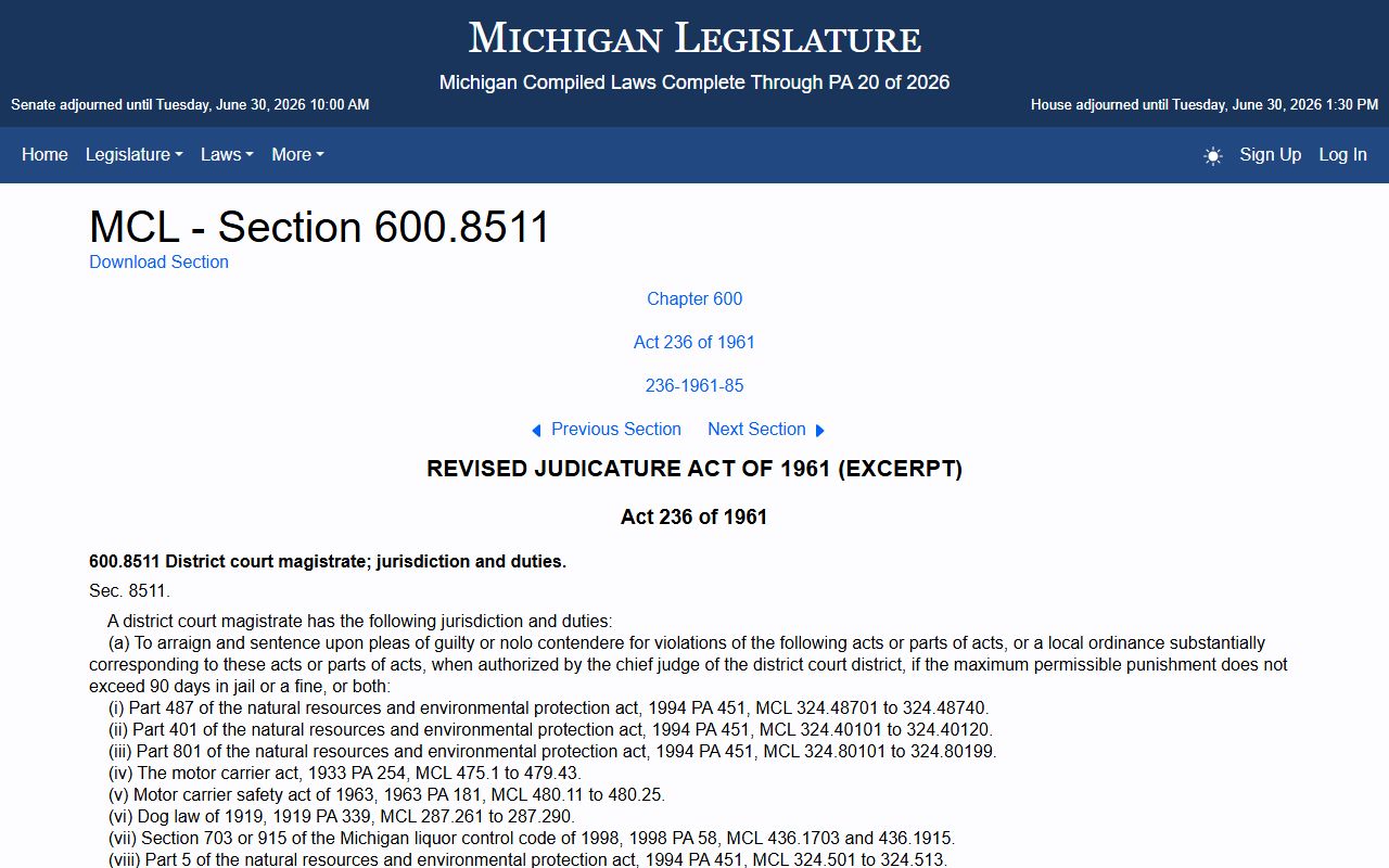 Iron County circuit court and district magistrate authority under Michigan law