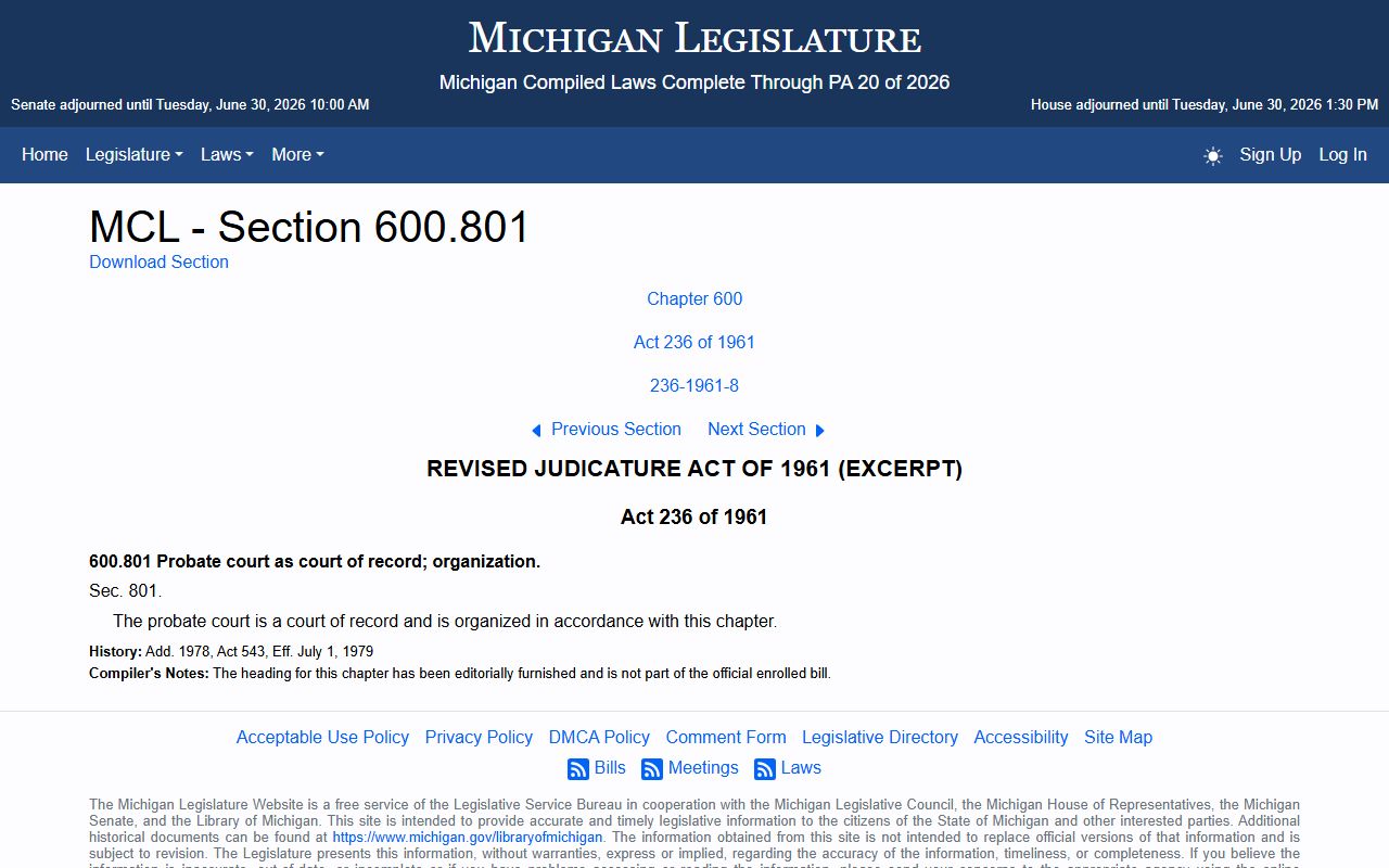 Iron County probate records under the Michigan probate court of record statute